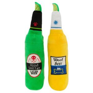Squeaking Plush Beer Bottle Shaped Dog Toy Woof Beer/Hind Sniffer, Set of 2